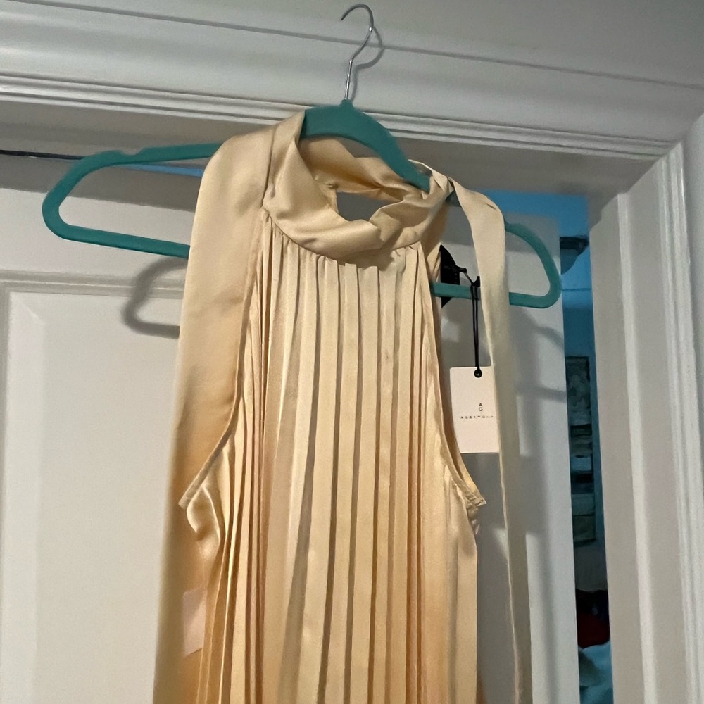 Elegant Golden Cream Abbey Glass Maxi Dress with ties at neck